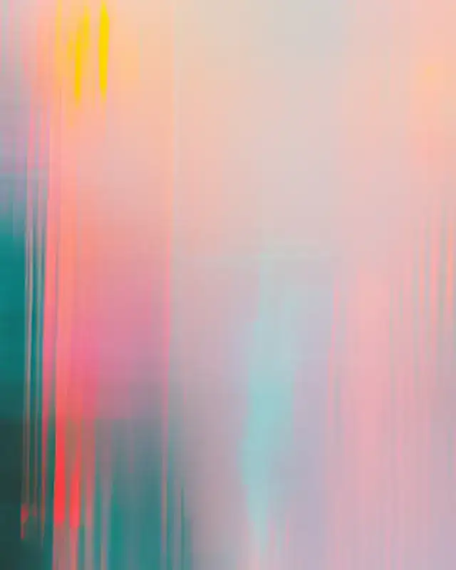 People in motion in front of a wall of pink, amber and turquoise light