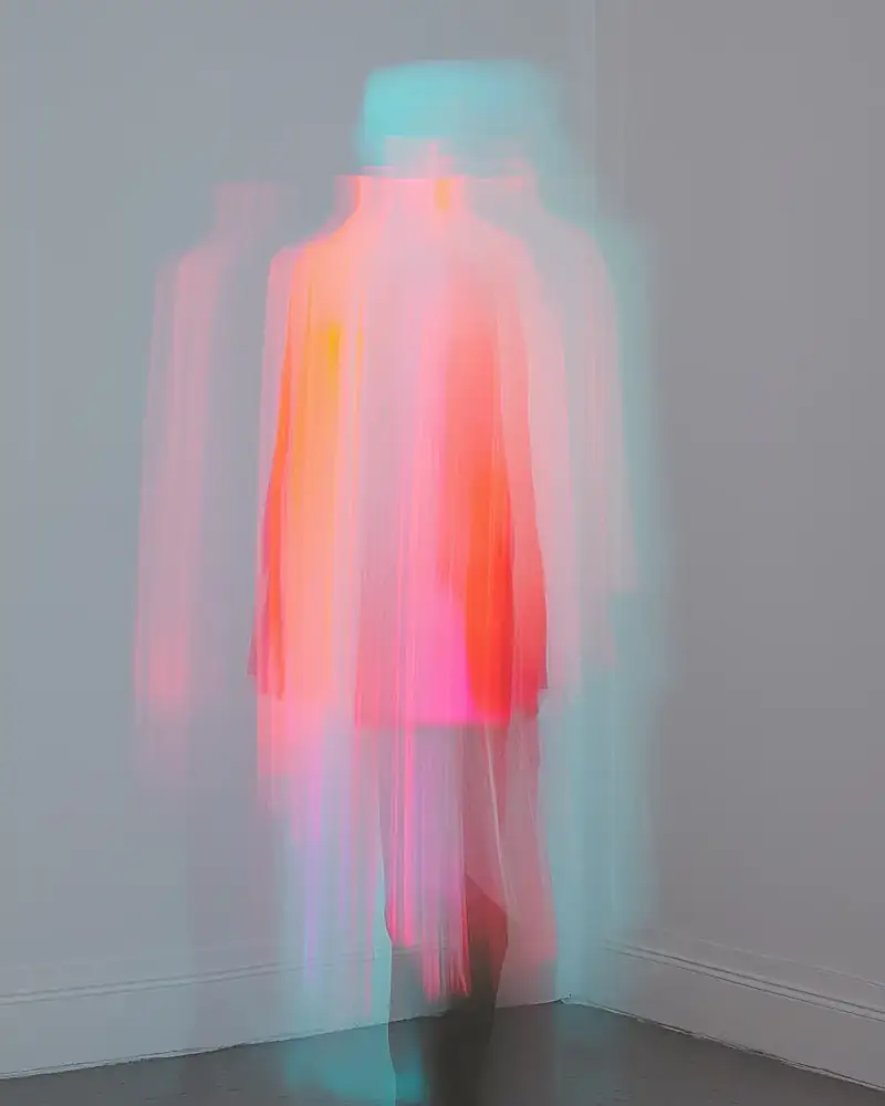 Blurred figure in motion with red and coral light trails